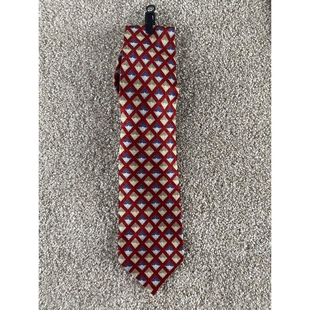 Jos A Bank 100% Silk Made In USA Men Red Tie Preppy Loud Blue/Gold Aztec Pattern
